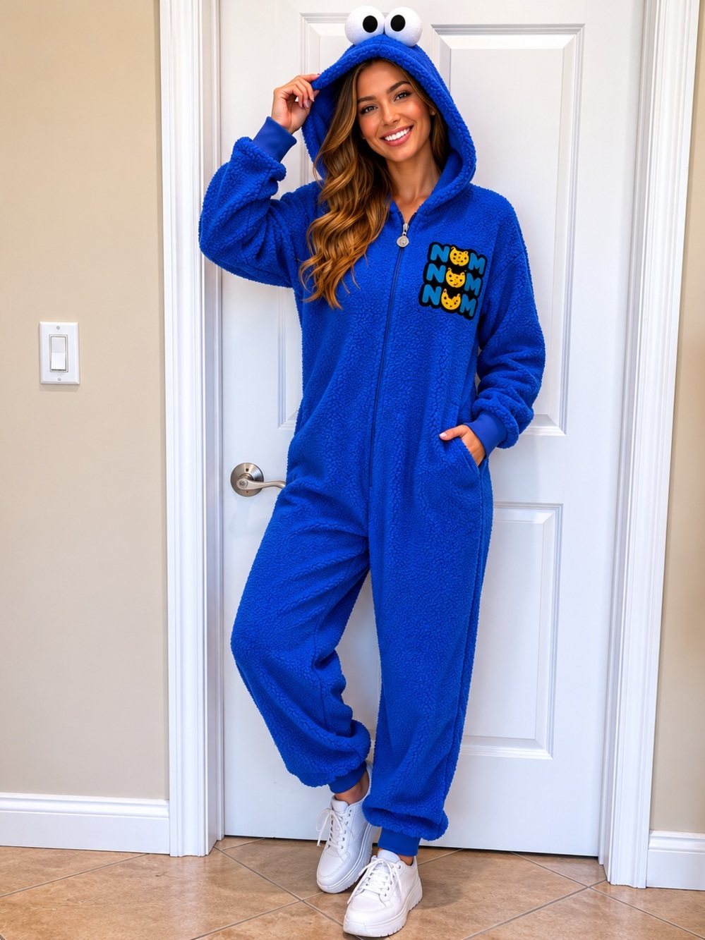 Sesame Street Cookie Monster Hooded Fleece One Piece Pajama Adult Onesie s/m